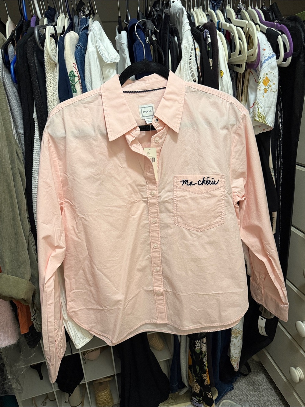 Anthropologie Pale Pink Button-Down Shirt with 'ma chérie' Pocket Embroidery